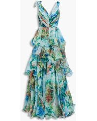 Marchesa - Tiered Floral-appliquéd Printed Chiffon Gown - Lyst