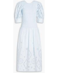 Ganni - Shirred Broderie Anglaise Cotton Midi Dress - Lyst