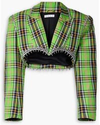 Area - Cropped Embellished Checked Wool-blend Blazer - Lyst