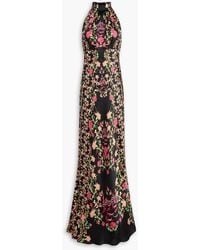 Saloni - Michelle Floral-Print Hammered Silk-Satin Halterneck Maxi Dress - Lyst
