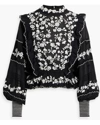 FARM Rio - Ruffled Embroidered Cotton-Voile Blouse - Lyst