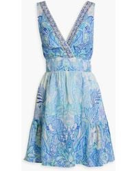 Camilla - Embellished Printed Linen Mini Dress - Lyst