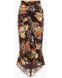 Veronica Beard - Pixie Ruched Floral-print Stretch-silk Satin Midi Skirt - Lyst