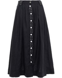 Ganni Studded Pleated Linen-gauze Midi Skirt - Black
