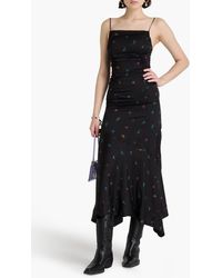 Ganni Floral-print Silk-blend Satin Midi Dress in Green | Lyst
