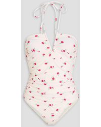 Ganni - Neckholder-badeanzug mit floralem print und raffungen - Lyst