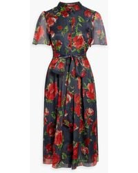 Carolina Herrera - Pleated Floral-print Silk-organza Midi Shirt Dress - Lyst