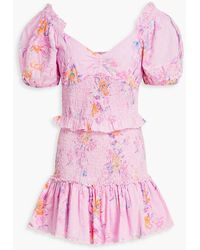 LoveShackFancy - Jarrah Shirred Floral-print Swiss-dot Cotton Mini Dress - Lyst