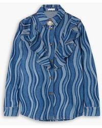 Area - Sunray Embellished Printed Ruffled Denim Shirt - Lyst