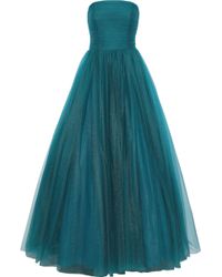 Badgley Mischka Strapless Pleated Tulle Gown Teal - Blue