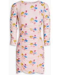 Ganni - Ruched Floral-print Stretch-mesh Mini Dress - Lyst
