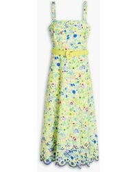 Saloni - Belted Printed Cotton-Poplin Midi Dress - Lyst