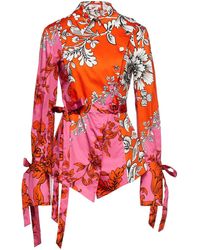 Erdem Julio Asymmetric Tie-back Floral-print Cotton-sateen Shirt - Orange