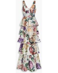 Marchesa - Gestufte robe aus chiffon mit floralem print und verzierung - Lyst