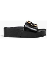 Tory Burch - Double T Embellished Crinkled-leather Platform Slides - Lyst