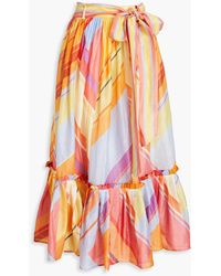 LEO LIN - Belted Printed Slub Linen And Silk-blend Midi Skirt - Lyst