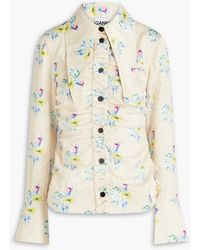 Ganni - Floral-print Ruched Crinkled-satin Shirt - Lyst