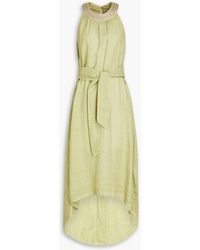 120% Lino - Embellished Belted Slub Linen Midi Dress - Lyst