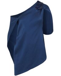 Roland Mouret Heartwell One-shoulder Embellished Hammered Stretch-silk Satin Top - Blue