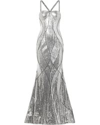 Naeem Khan Embellished Tulle Gown Silver - Metallic