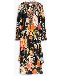 CAMILLA - Asymmetric Crystal-Embellished Floral-Print Silk Crepe De Chine Midi Dress - Lyst