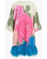 Valentino Garavani - Feather-embellished Floral-print Silk Crepe De Chine Dress - Lyst