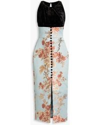Rasario - Crushed Velvet-paneled Floral-jacquard Midi Dress - Lyst