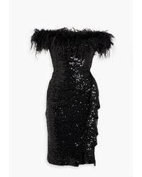 Badgley Mischka - Off-the-shoulder Feather-embellished Sequined Tulle Dress - Lyst