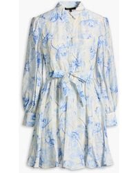Maje - Belted Floral-print Linen-blend Mini Shirt Dress - Lyst