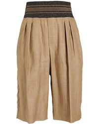 Brunello Cucinelli Stretch Knit-paneled Pleated Linen-blend Canvas Shorts - Natural