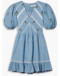 Lug Von Siga - Emma Ruffled Embroidered Cotton-chambray Mini Dress - Lyst