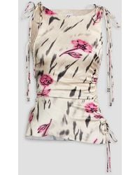 Ganni - Ruched Floral-Print Stretch-Satin Top - Lyst