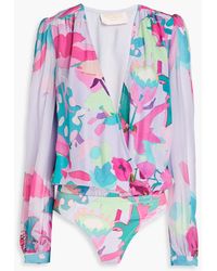Rococo Sand - Lyan Wrap-effect Floral-print Crepon Bodysuit - Lyst