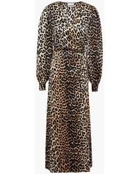 Ganni - Leopard-print Silk-blend Satin Midi Wrap Dress - Lyst