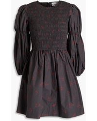 Ganni - Shirred Cotton-poplin Mini Dress - Lyst