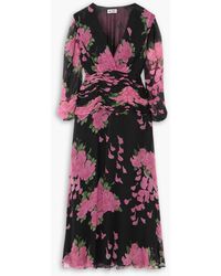 RIXO London - Racquel Ruched Floral-print Devoré-velvet Midi Dress - Lyst