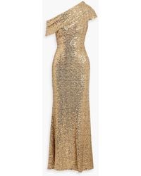 Badgley Mischka - One-shoulder Draped Sequined Tulle Gown - Lyst