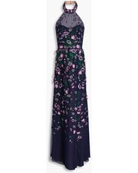 Marchesa - Embroidered Tulle-paneled Chiffon Gown - Lyst