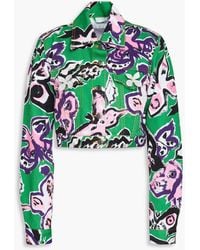 Area - Cropped Crystal-embellished Floral-print Denim Jacket - Lyst