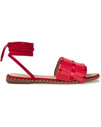 Maje Studded Suede-trimmed Fringed Sandals Red