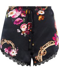 Camilla Crocheted Lace-trimmed Floral-print Silk-satin Shorts - Black