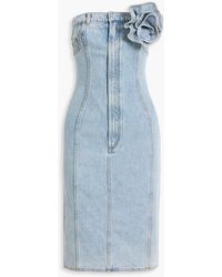 Area - Strapless Floral-Appliquéd Denim Dress - Lyst