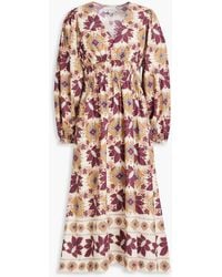 Cara Cara - Gathered Printed Cotton-poplin Midi Dress - Lyst