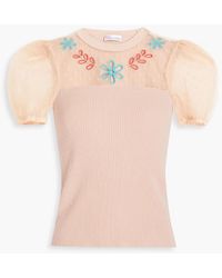 RED Valentino - Embroidered Point D'esprit And Ribbed-knit Top - Lyst