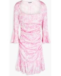 Ganni - Drapiertes minikleid aus satin aus einer seidenmischung mit print - Lyst