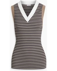 Brunello Cucinelli - Bead-Embellished Striped Ribbed Cotton-Blend Top - Lyst