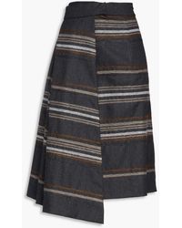 Brunello Cucinelli - Embroidered Pleated Striped Wool Midi Wrap Skirt - Lyst
