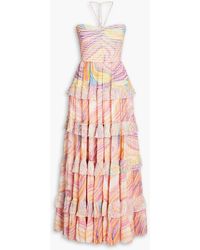 Rococo Sand - Shirred Tiered Printed Georgette Halterneck Maxi Dress - Lyst