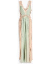 Alberta Ferretti - Two-tone Lace-paneled Plissé Silk-crepon Gown - Lyst