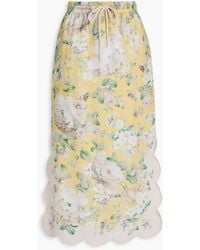 Zimmermann - Scalloped Floral-Print Linen Midi Skirt - Lyst
